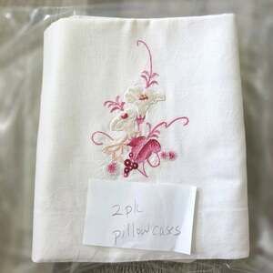 Vintage Handmade Embroidered Floral Pillowcases White Cotton 2 Piece Set Cottage